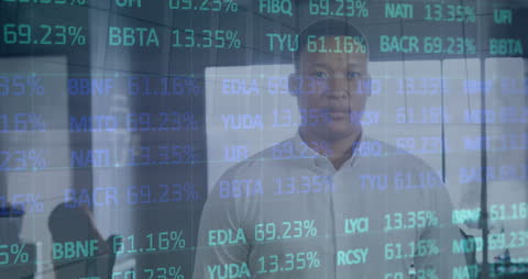 Creative Data Overlay on Businessman in Modern Office