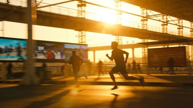 Backlit urban runner sprinting on transit platform at golden hour with motion blur