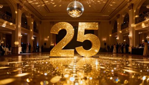 Golden 25 anniversary sculpture on reflective ballroom floor under disco ball lighting