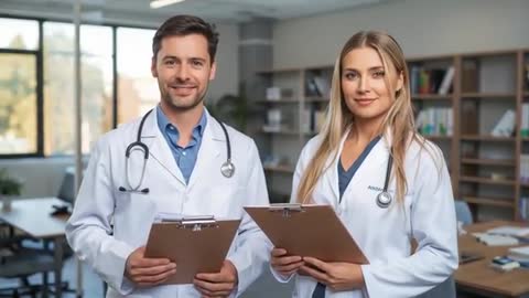 Medical team presenting clipboards and smiling during clinic consultation video