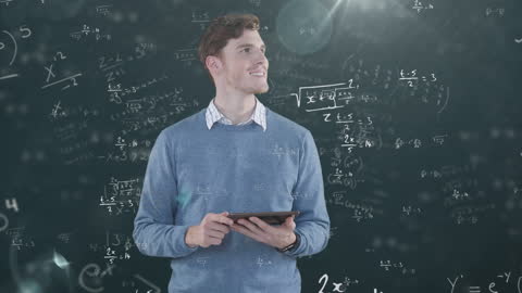 Smiling Businessman with Tablet and Mathematical Formulas