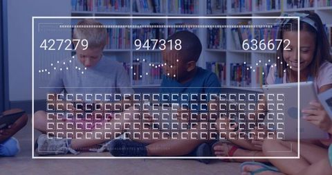 Elementary Students Using Tablets in Library with Augmented Reality Learning Overlay