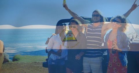 Group of Friends Enjoying Coastal Relaxation near Open Vehicle