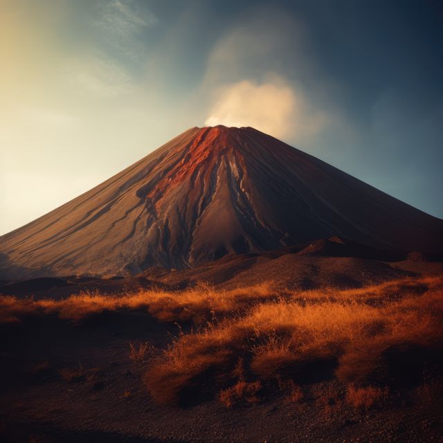 This image captures an active volcano erupting at sunset, with smoke and glowing lava streams. Ideal for outdoor adventure promotions, travel blogs, educational materials on geology, and natural disaster awareness campaigns.