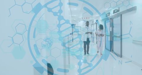 Doctors Collaborating in Hospital with DNA Overlay Concept