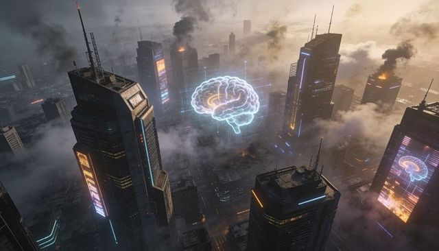 Hovering holographic brain illuminating cyberpunk metropolis skyline at dusk with neon towers roofto