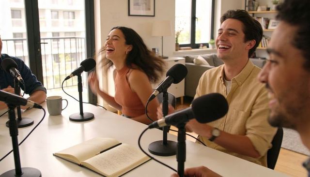 Friends recording lively home podcast episode laughing and conversing around table