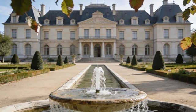 Formal french chateau fountain with reflecting channel and symmetrical parterre gardens