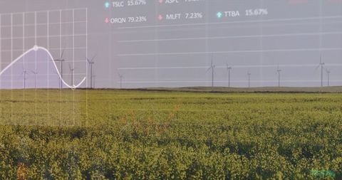 Sustainable farming and renewable energy with wind turbines in flowering field