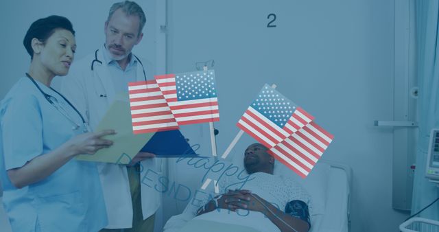Doctors Consulting Near Patient with American Flags Overlay - Download Free Stock Images Pikwizard.com