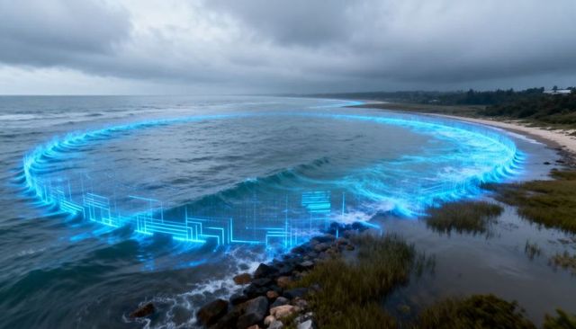 Cyan holographic ring encircling coastal waters with glowing circuit grid and neon accents