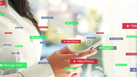 Businesswoman Using Smartphone Amidst Digital Social Media Interface