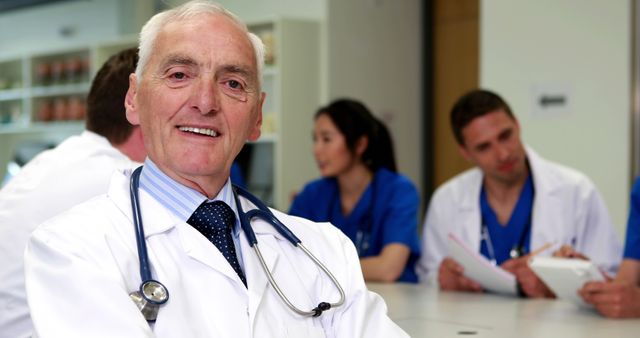 Confident Senior Doctor in Meeting with Medical Team in Background - Download Free Stock Images Pikwizard.com