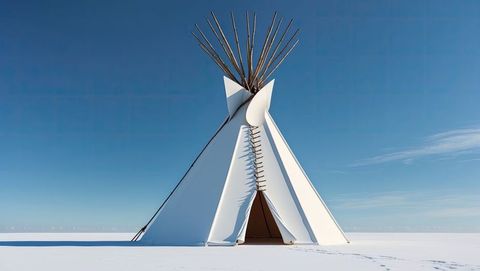 Solitary native american teepee on pristine salt flat under clear blue sky