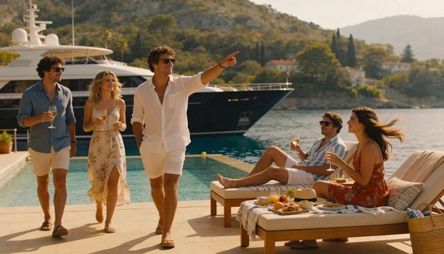 Friends enjoying luxury poolside brunch and sipping wine at waterfront villa with yacht