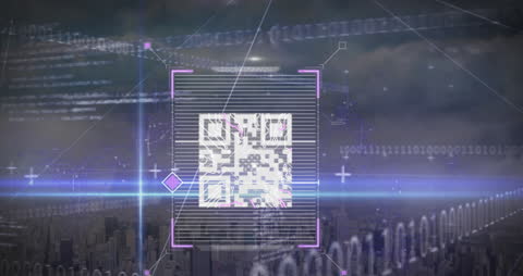 Futuristic QR Code Scanner with Cityscape