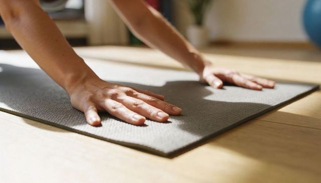 Sunlit hands pressing yoga mat during home workout morning stretch and mindful practice