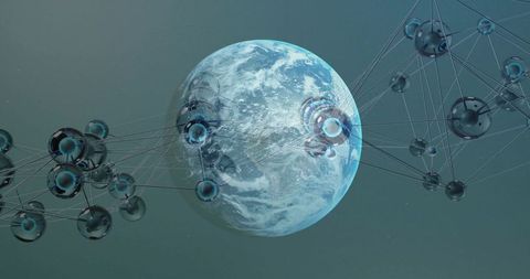 Global data network connecting earth to holographic nodes and futuristic digital hubs