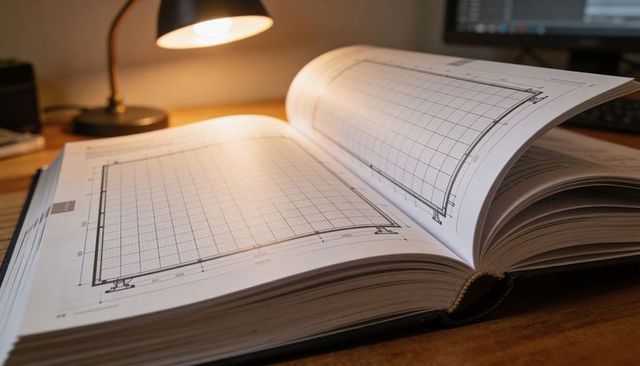 Open architectural blueprint book lying flat on wooden desk under warm lamp light