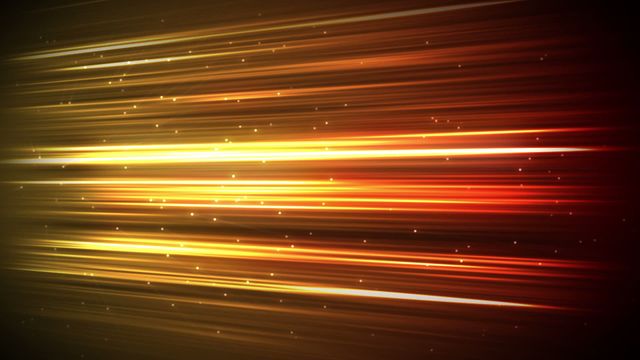 Abstract light beams in red and gold colors moving across dark background. Useful for technology presentations, energetic and dynamic designs, backgrounds for digital marketing, and futuristic themed visual elements.