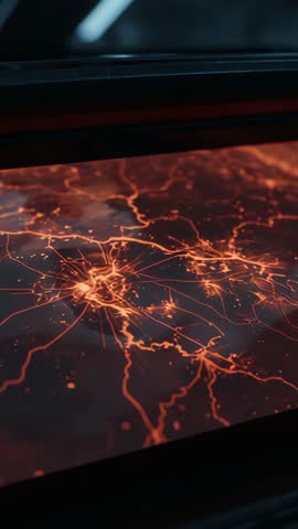 Pulsing red power surge across digital console display vertical video for cybersecurity