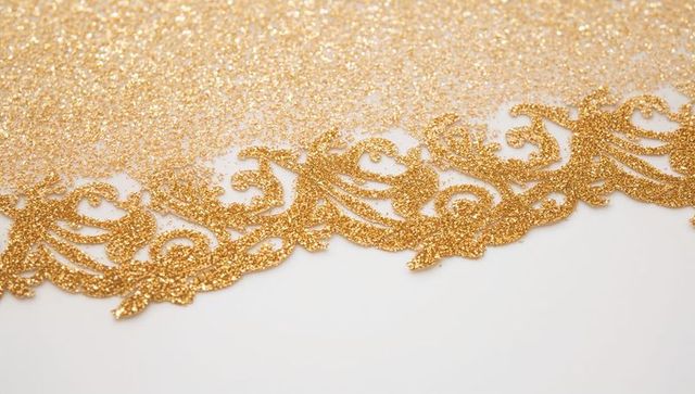 Ornate gold glitter filigree border on white cardstock with scattered sparkle for wedding