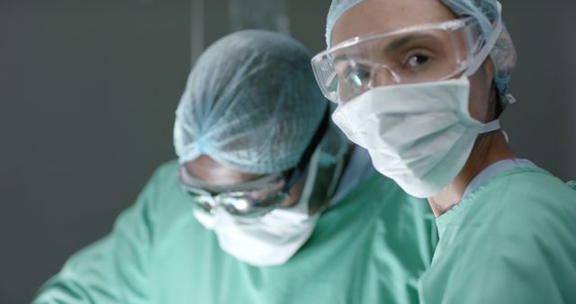 Surgeons dressed in protective gear including masks, gowns, and goggles working in an operating room. Ideal for use in medical and healthcare publications, educational materials about surgery, and illustrations of teamwork in a clinical setting.