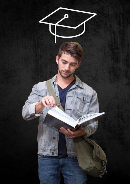 A teenage student stands reading a book with a denim jacket and a backpack against a black background, while a hand-drawn mortarboard floats above his head, symbolizing graduation and academic success. Ideal for educational purposes, academic promotions, articles on student life, or motivational content related to studying and achieving goals.