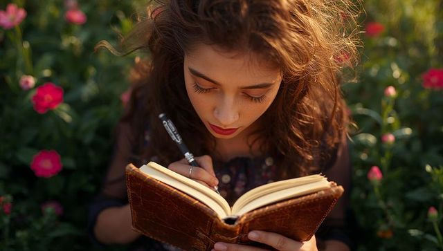 Woman Writing in Leather Notebook Amidst Blooming Garden