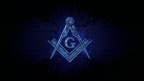 Futuristic neon masonic symbol with digital circuitry