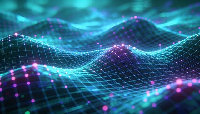 Neon wireframe data wave flowing across digital grid with glowing nodes