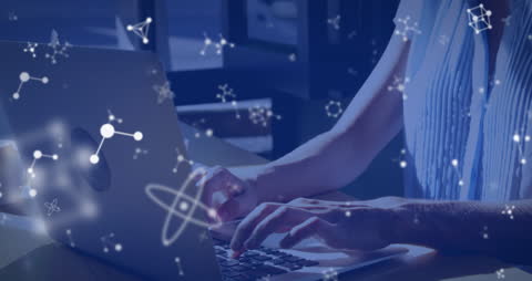 Woman Typing at Laptop with Digital Scientific Overlay