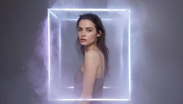 Model Standing Inside Glowing Neon Cube with Atmospheric Fog, Minimalist Cinematic Portrait