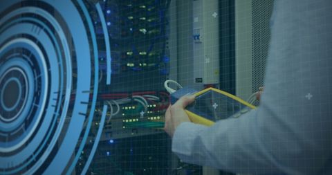 Engineer working on data processing and network connections