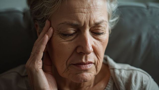 Senior woman touching temple, pensive expression highlighting wrinkles and soft reflection