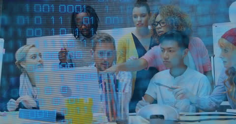 Team Collaboration on Data Project with Digital Binary Overlay