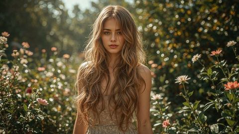 Serene beautiful lady strolling in lush flower garden