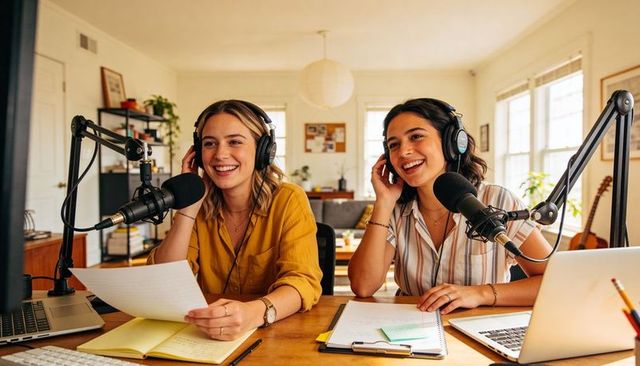 Two female podcast hosts recording in sunlit home studio with microphones and laptops