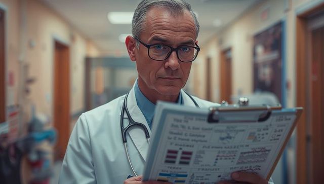 Senior Doctor Reviewing Medical Chart in Hospital Corridor