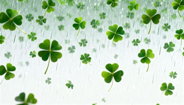 Falling clover shower with raindrops close-up showing vein detail and wet bokeh