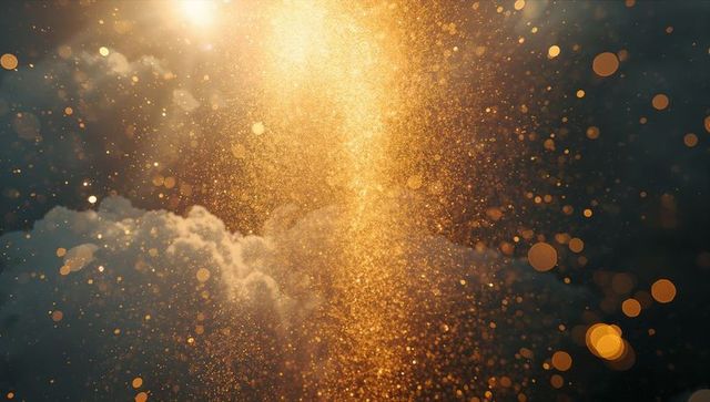 Golden particle stream through mist with amber bokeh, soft glow and light orbs