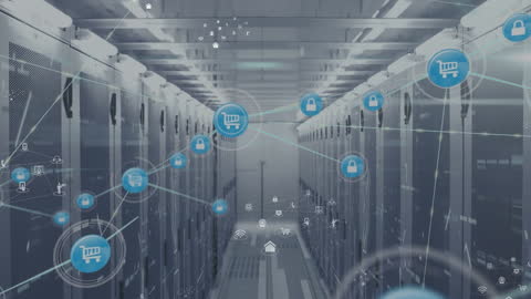 Global Data Processing Animation in Modern Server Room