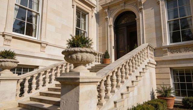 Neoclassical townhouse staircase featuring carved stone balusters, urn planters and arched entry