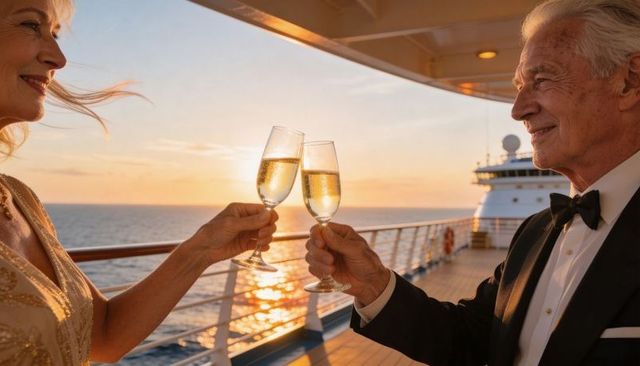 Mature couple toasting champagne on luxury cruise deck at sunset, evening celebration