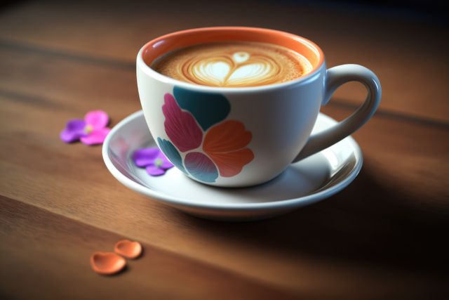 Colorful floral ceramic mug filled with latte showcasing heart-shaped latte art, placed on wooden table with scattered flower petals. Image is perfect for illustrating cozy cafe environments, promoting artisanal coffee brands, use in blogs about coffee culture, or enhancing coffee shop marketing materials.