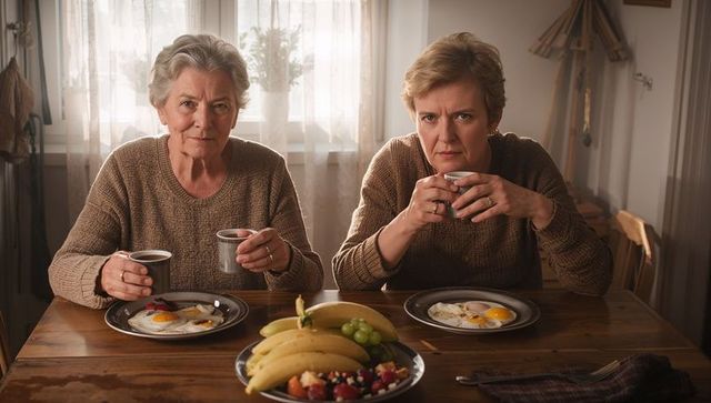 Senior women sharing cozy sunlit breakfast at wooden table, morning coffee