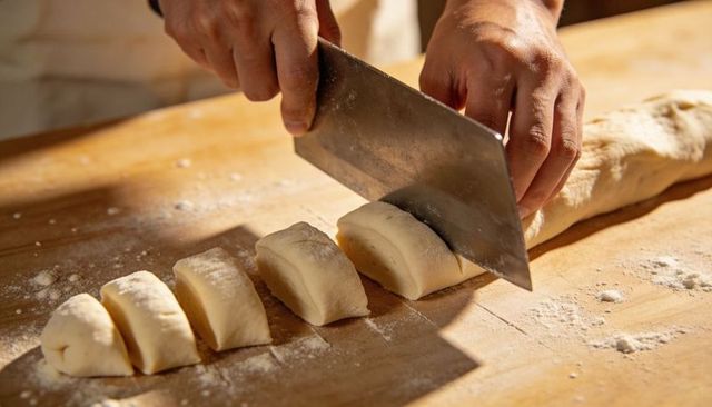 Baker cutting dough with bench scraper on wooden workbench, portioning rolls