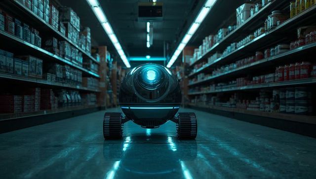 Futuristic Spherical Robot Navigating Supermarket Aisle