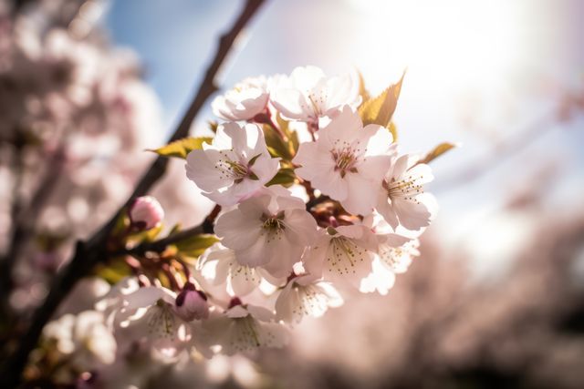 Cherry blossoms blooming on a tree branch, illuminated by soft spring sunlight. Ideal for use in nature-themed designs, gardening blogs, outdoor event promotions, or springtime greeting cards. Can convey freshness, beauty, renewal, and tranquility.