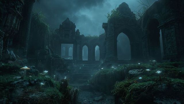 Moonlit Ruined Temple with Bioluminescent Mushrooms and Misty Arched Staircase